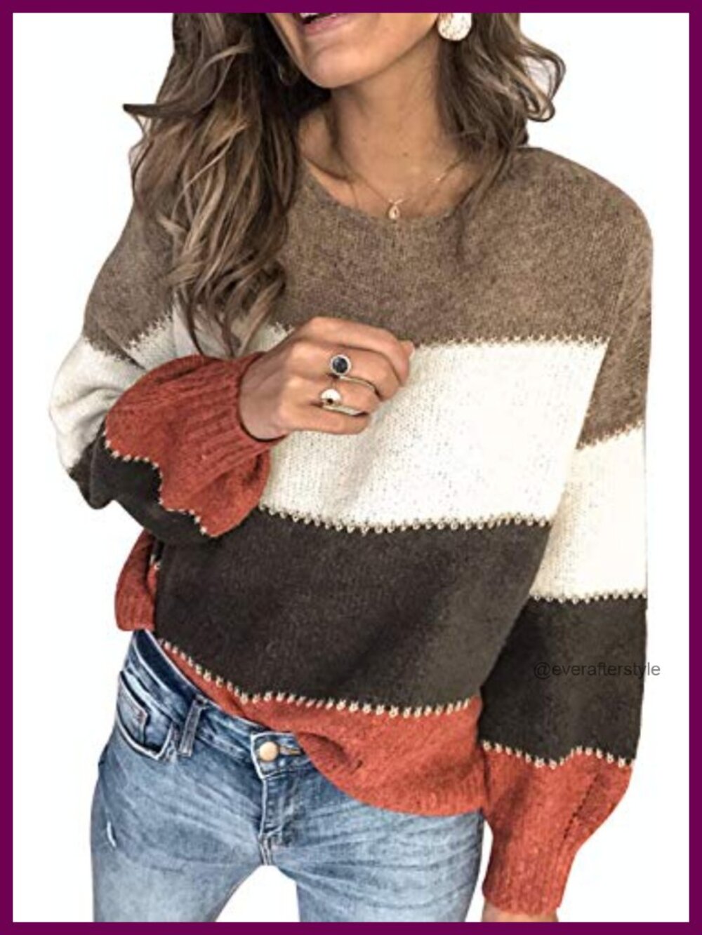 Womens Knit Sweater Pullover Long Sleeve Crewneck Color Block Casual